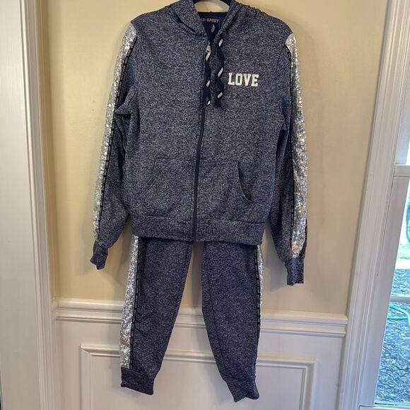 AQ-Sport Sequinned Blue Hoodie and Jogger Set - Picture 2 of 15